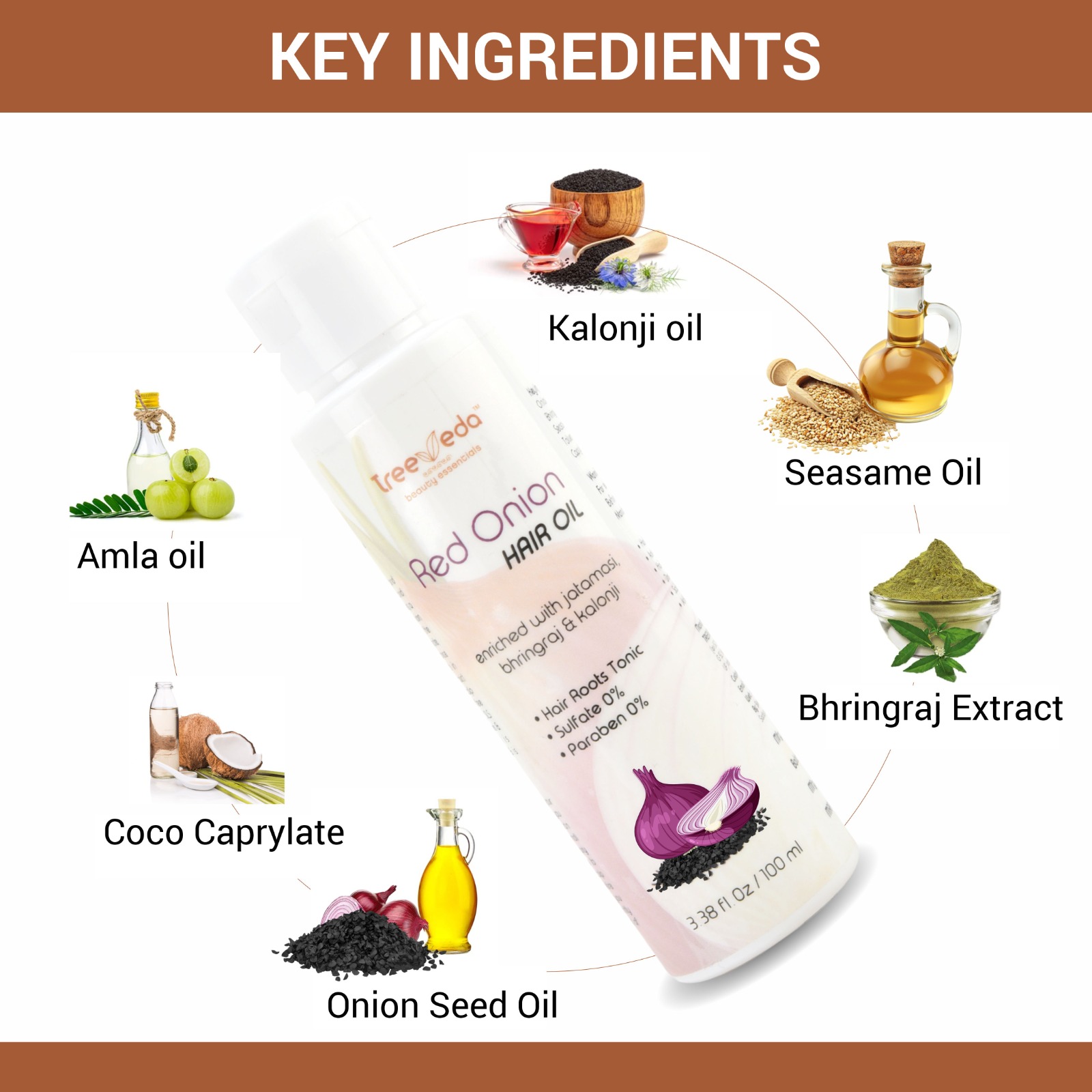 Red Onion Hair Oil with Jatamasi, Bhringraj & Kalonji | Sulfate Free Ayurvedic Hair Oil for Hair Fall Control & Hair Growth | Nourishes Scalp & Roots | Suitable for All Hair Types | 100 ml