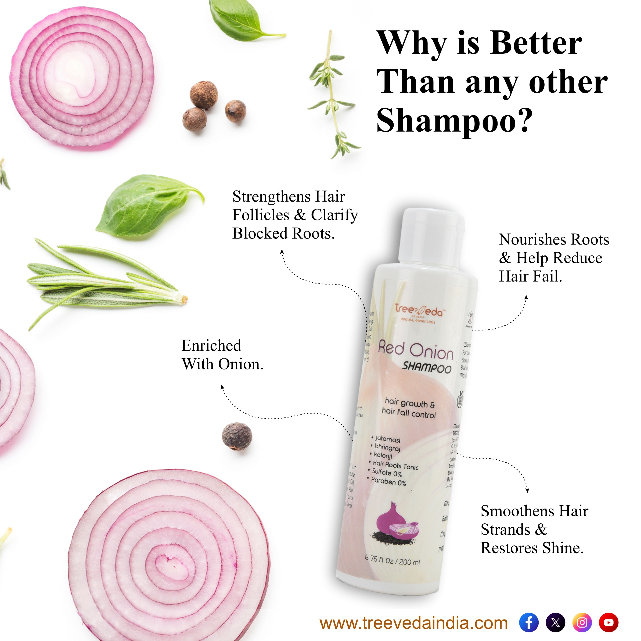 Red Onion Shampoo – Hair Growth & Hair Fall Control, Paraben-Free, 200 ml – Herbal Onion Extract for Strong, Thick & Healthy Hair